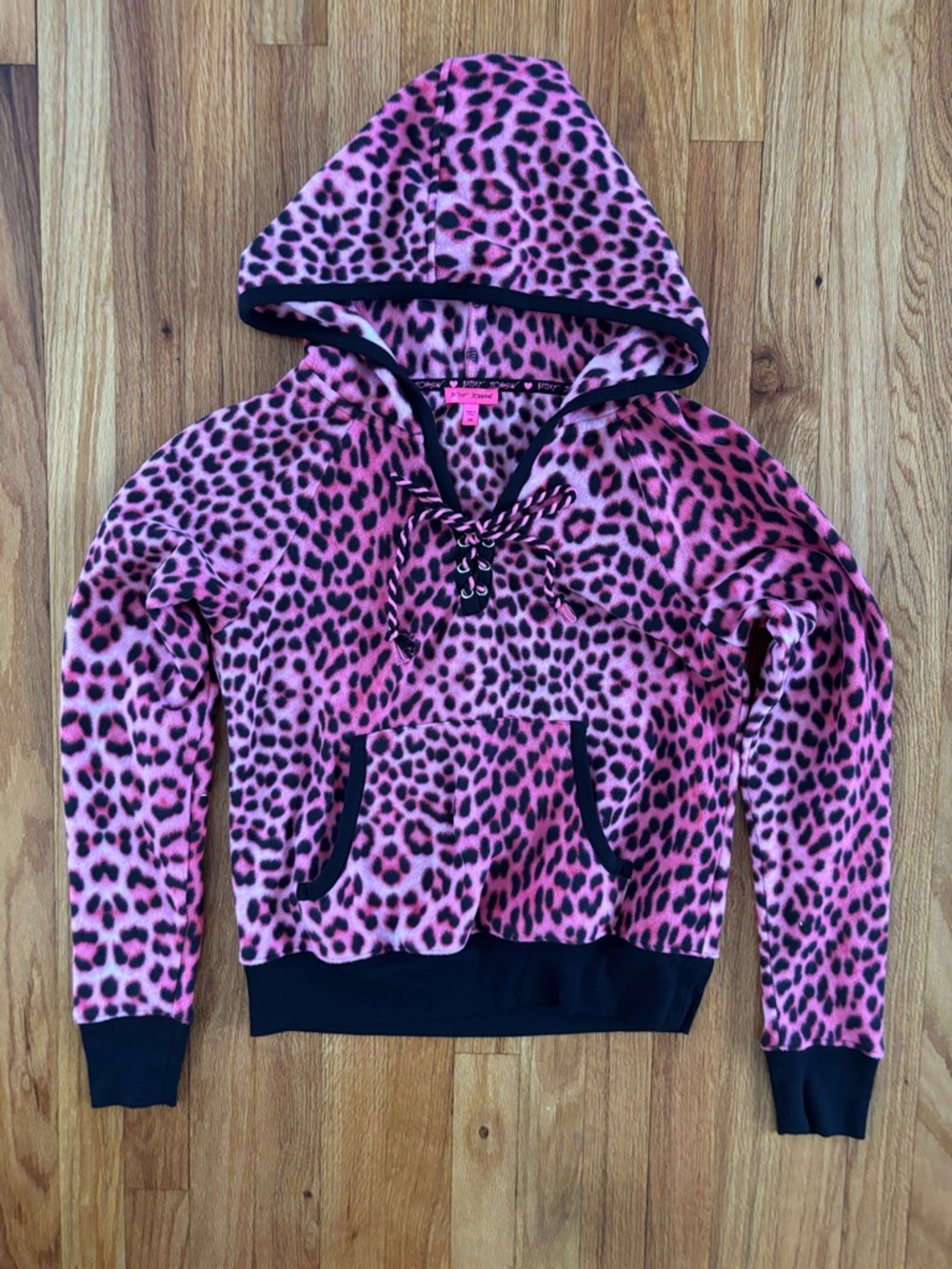 Betsey Johnson Pink Leopard Lace-Up Hooded Pullover with Black Trim Women’s M